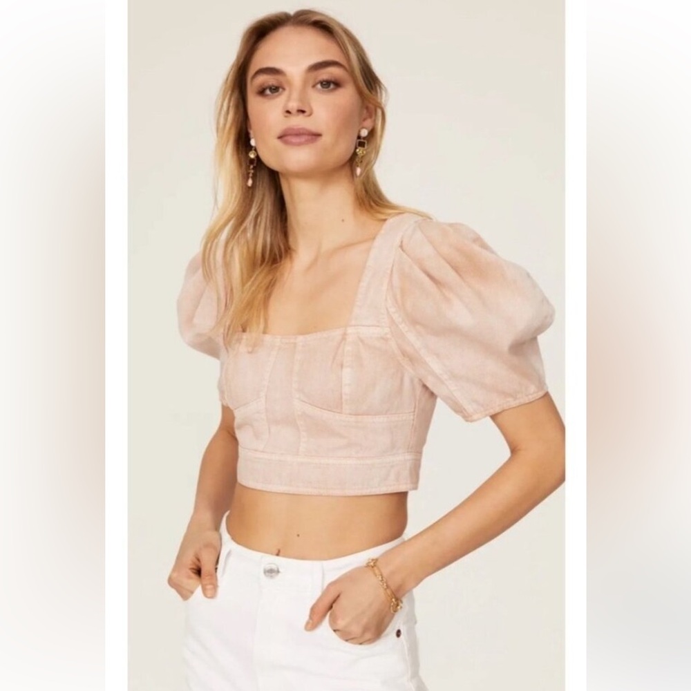 Ulla Johnson Renee Blush Denim Puff Sleeve Crop Top, 12